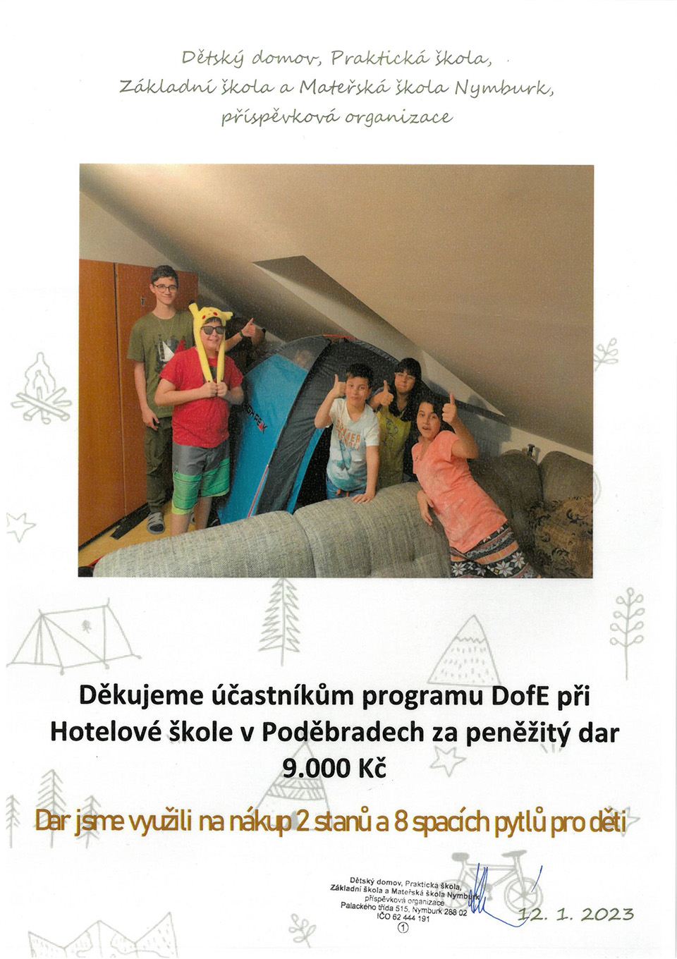 Poděkování z Dětského domova Nymburk
